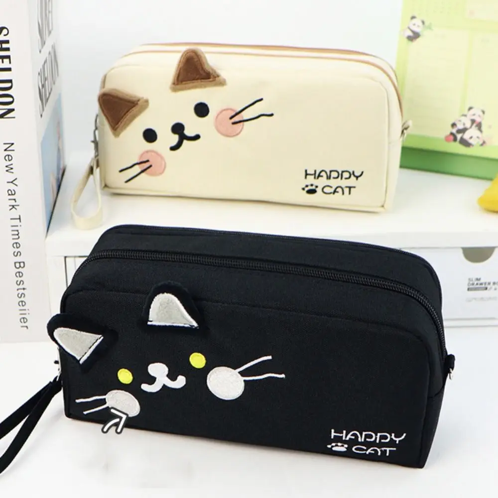 

Большая вместительная сумка-карандаш с милым котом, портативная сумка для канцелярских принадлежностей с рисунком кота, простой многофункциональный холщовый пенал