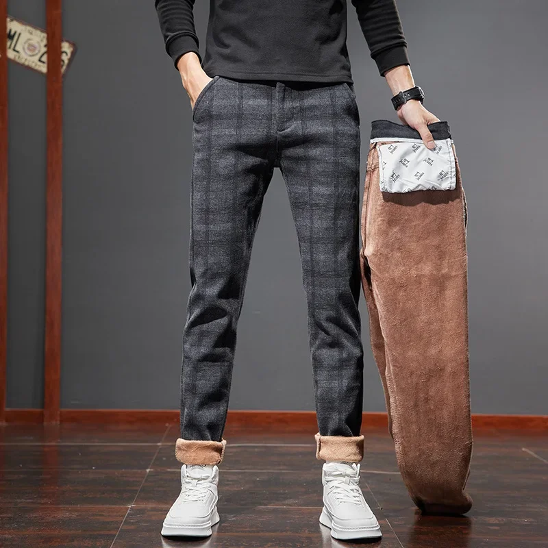 AutumnsandingPlaidCasualMenPants Korean Style Slim Fit Fleece Lined And Thickened Straight Leg Winter Pants