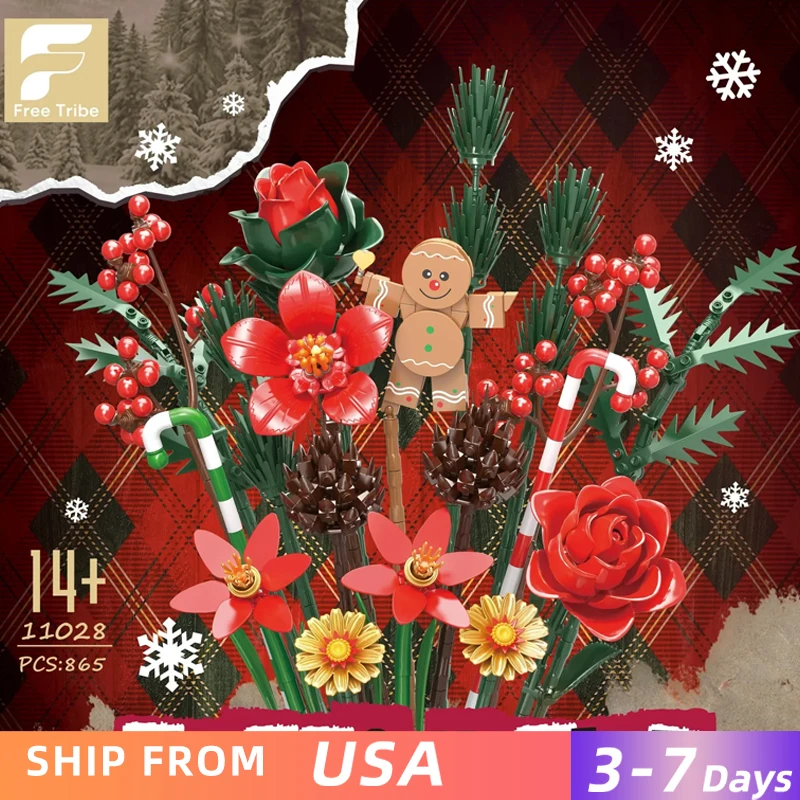 

865PCS Gingerbread Flower Bouquet Building Blocks Festive Decoration Ornaments Kids Educational Assembly Toys Christmas Gifts