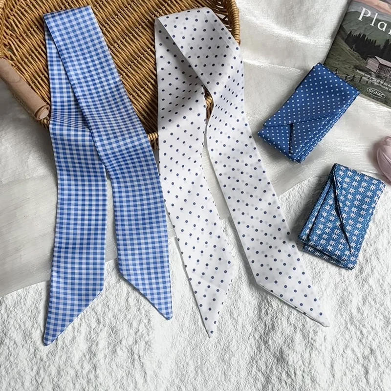

Luxury Narrow Woman Short Silk Scarf Dot Pattern Skinny Scarves Hairband Lady Small Bag Handle Ribbon Tie Kerchief Hair Strip