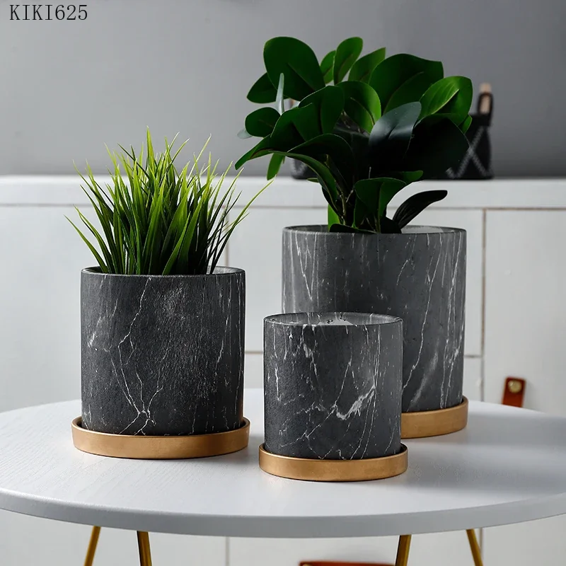 European Style Marbled Cylindrical Ceramic Flowerpot with Golden Tray Household Succulents Potted Gardening Garden Decoration