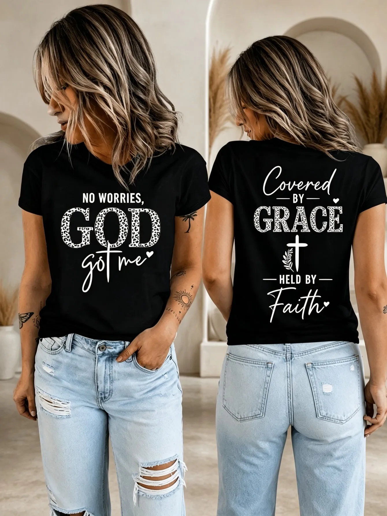 Women Christian Faith Tee No Worries God Got Me Print Double Sided T Shirt Covered By Grace Religious Short Sleeve Summer Top