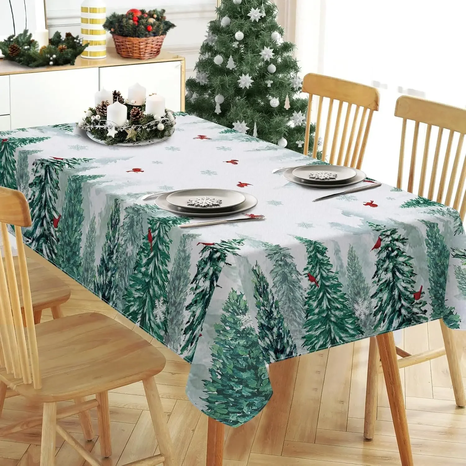 Christmas Forest Cardinal Pine Tree Rectangle Tablecloth for Table Decor Reusable Winter Kitchen Dining Tablecloth Xmas Decor