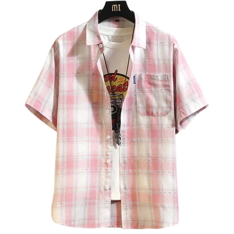 Men's Color Block Plaid Button-down Shirt Short Sleeve Casual Lapel High Quality Loose Hawaiian Beach Top Hip Hop Streetwears