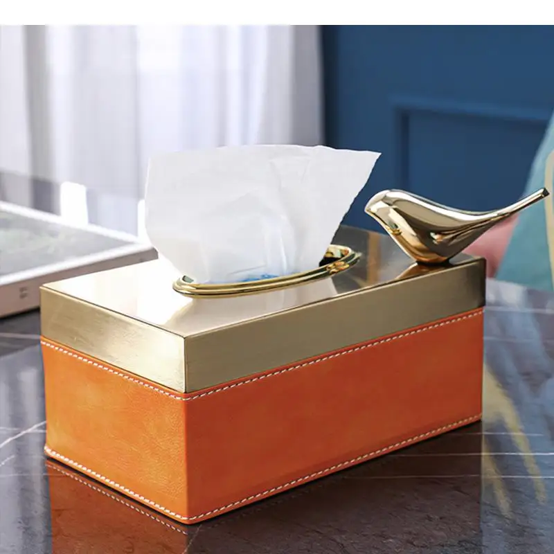 

Golden Bird Tissue Boxes Home Leather Napkins Holder Coffee Table Desktop Paper Organizer Modern Decor Towel Box