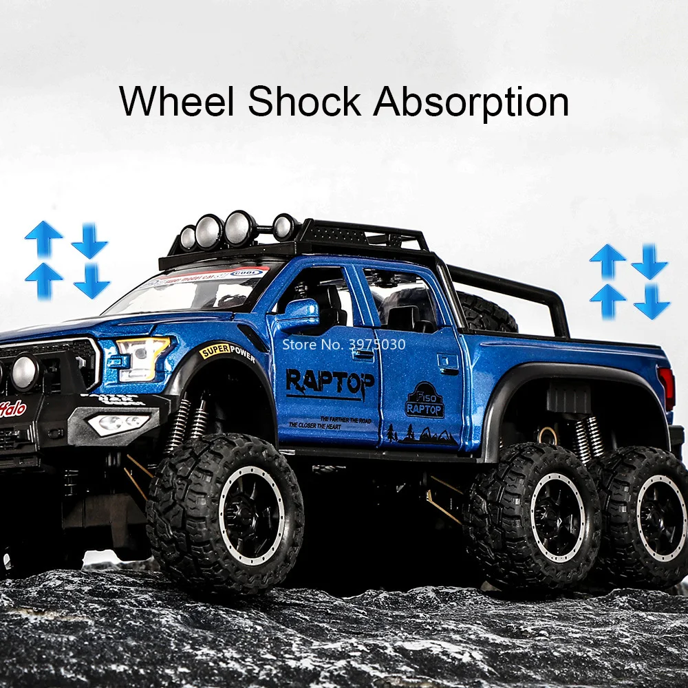 1:28 F150 6x6 ของเล่นโลหะผสมรถยนต์Diecastรุ่น 6 ประตูเปิดOff-Roadล้อดึงกลับMiniatureยานพาหนะสําหรับชายวันเกิด...