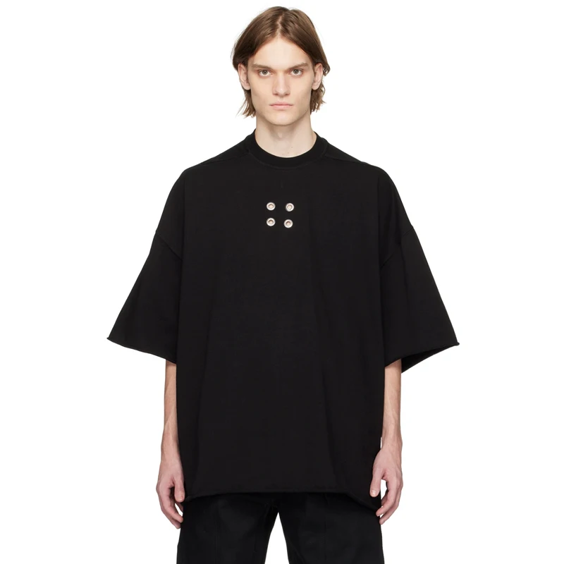 

Loose Oversize Metal Hole T-irt with Cuffed Sves for Youth Summer Faion Casual round Ne Top for Men