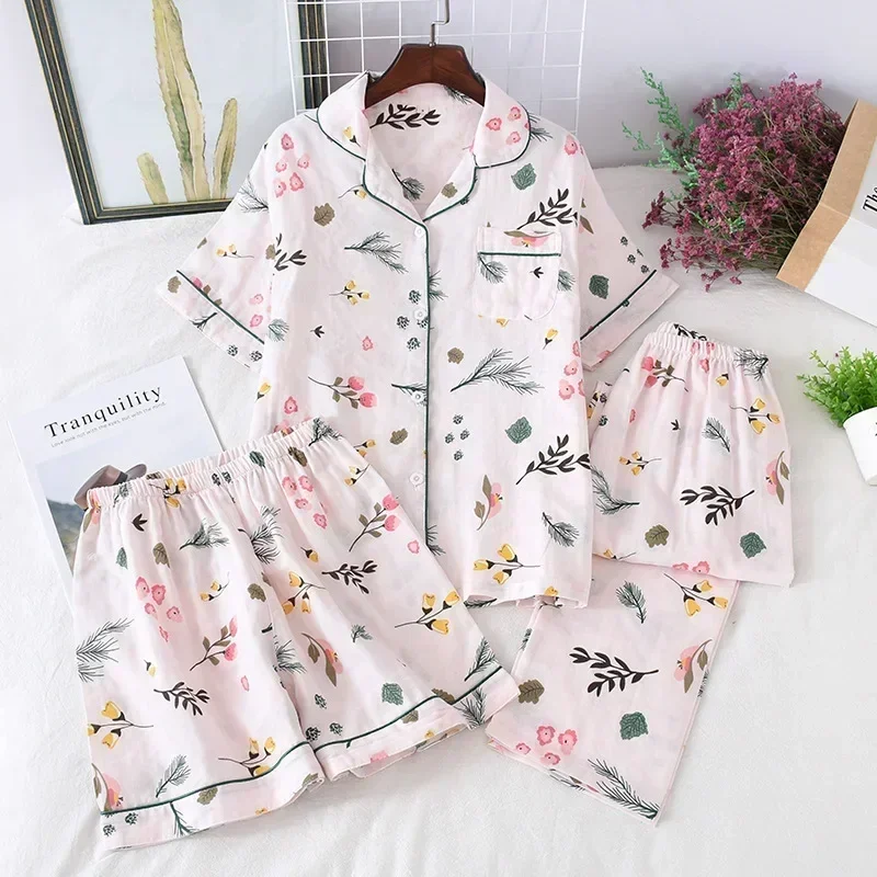 Three-piece Japanese-style pajamas women spring and summer autumn 100% cotton gauze short-sleeved shorts trousers summer suit ho