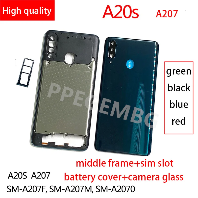 NEW For Samsung Galaxy A20s A207 Housing Middle Frame Chassis battery cover shell Lid Case Rear Back Panel camera Glass Sim slot