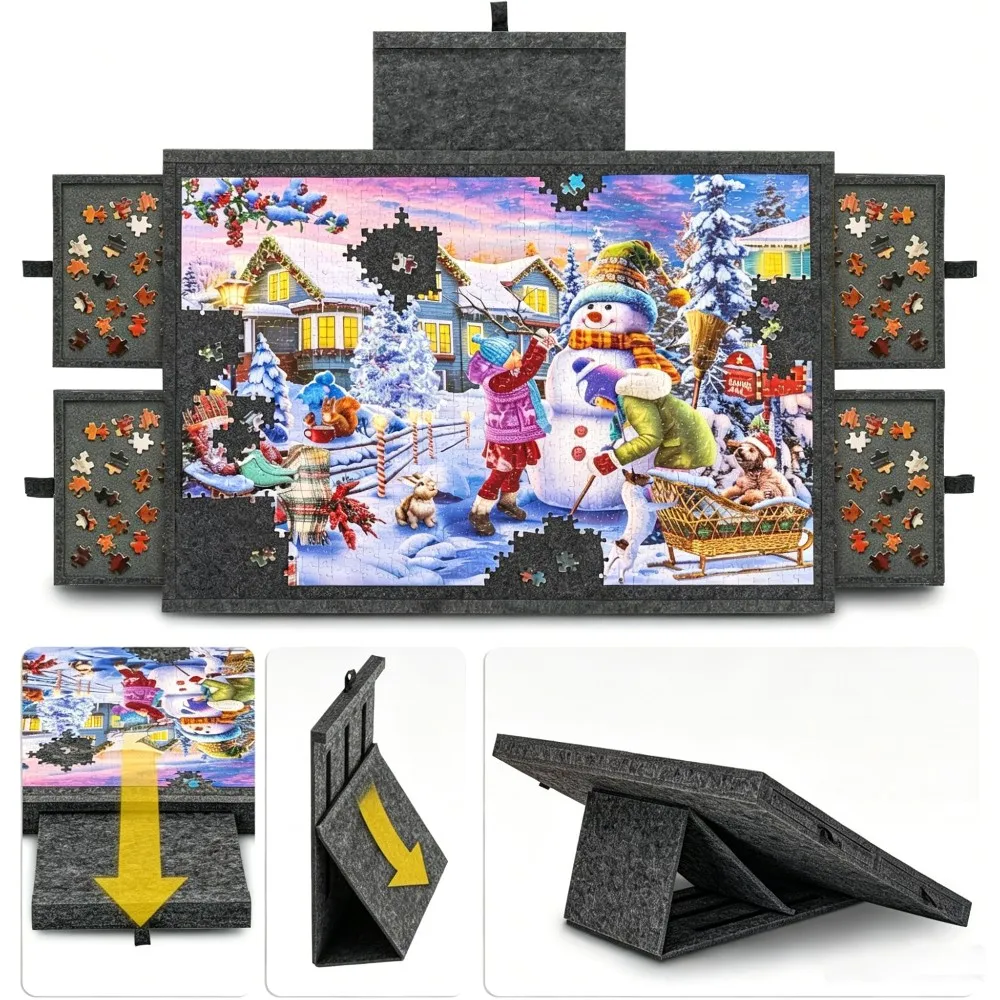 2-in-1 Dekoratives Puzzle-Board Neigbarer Puzzle-Tisch mit 6 Sortierschubladen für 1000 Puzzle-Teile Filz-Sortierboard Dekoration