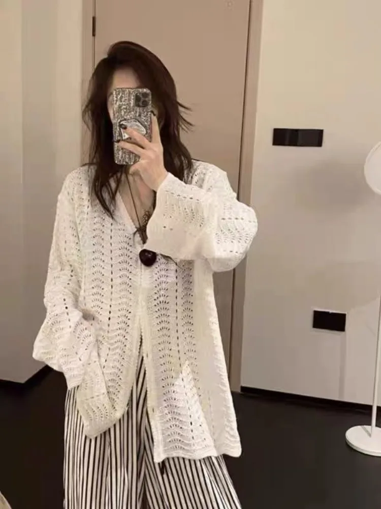 

Женский вязаный открытый кардиган, белая тонкая верхняя одежда, весна-лето, корейский Sle, модный, дышащий для отдыха