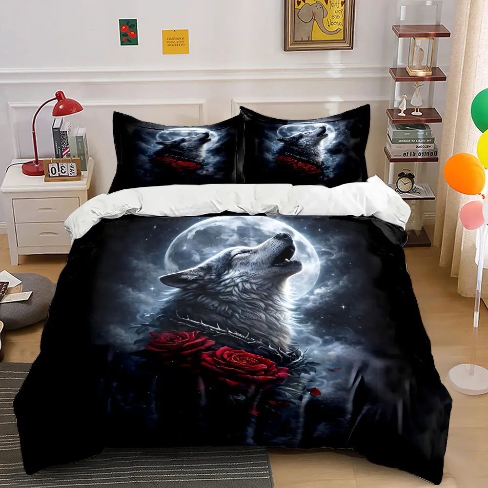 Wolf and Rose Moonlit Duvet Cover Print Bedding Set 1 Duvet Cover 2 Pillowcases for Adult and Children Luxury Gift Full Size