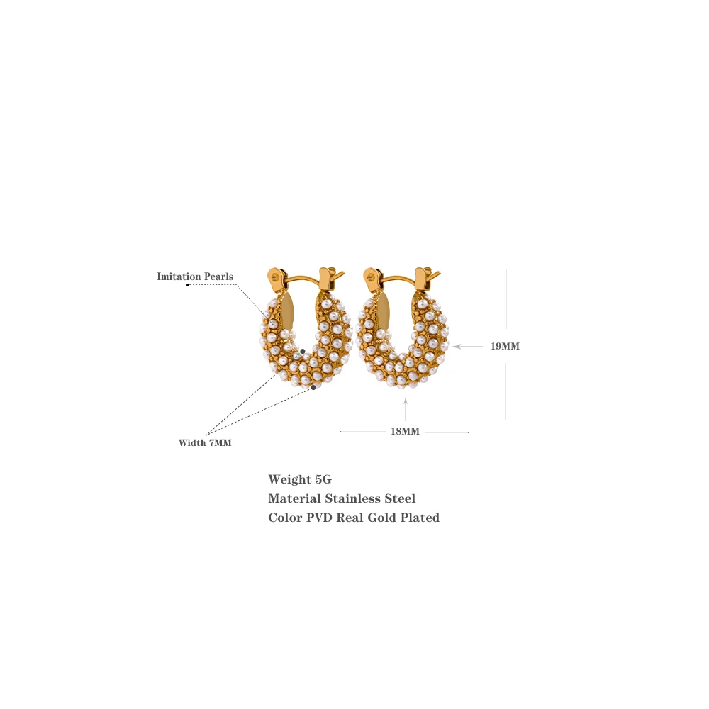 Yhpup Stainless Steel Luxury Small Hoop Earrings Vintage Delicate Imitation Pearls Texture Gold Color Waterproof Fashion Jewelry