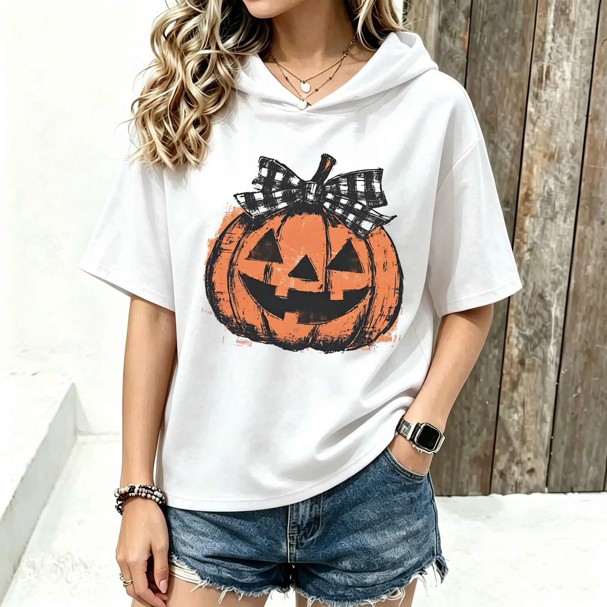 Women Short Sleeve Hoodie Retro Halloween Pumpkin Bow Graphic Print Spring Summer Casual Hooded Tee