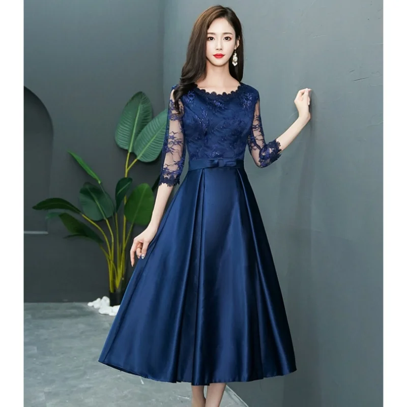 AFS-007#Champagne Black Navy Blue Mid To Length Banquet Ball Lace Long Sleeved Party Evening Dress For Women Cheap Wholesale