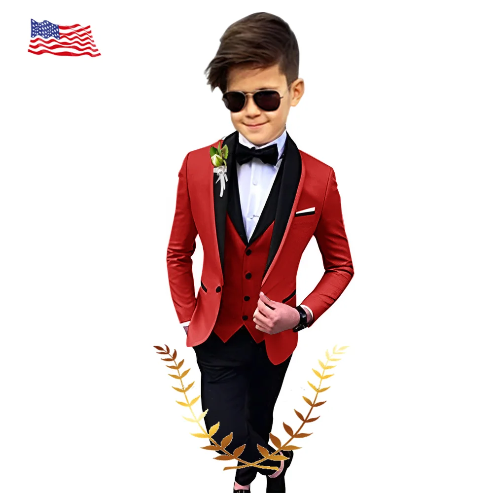 

Red Boys Suit 3 Piece Formal Fit Clothes Wedding Kids Tuxedo (Jacket Pants Vest Tie) 2-16 Years Old Customized Blazer