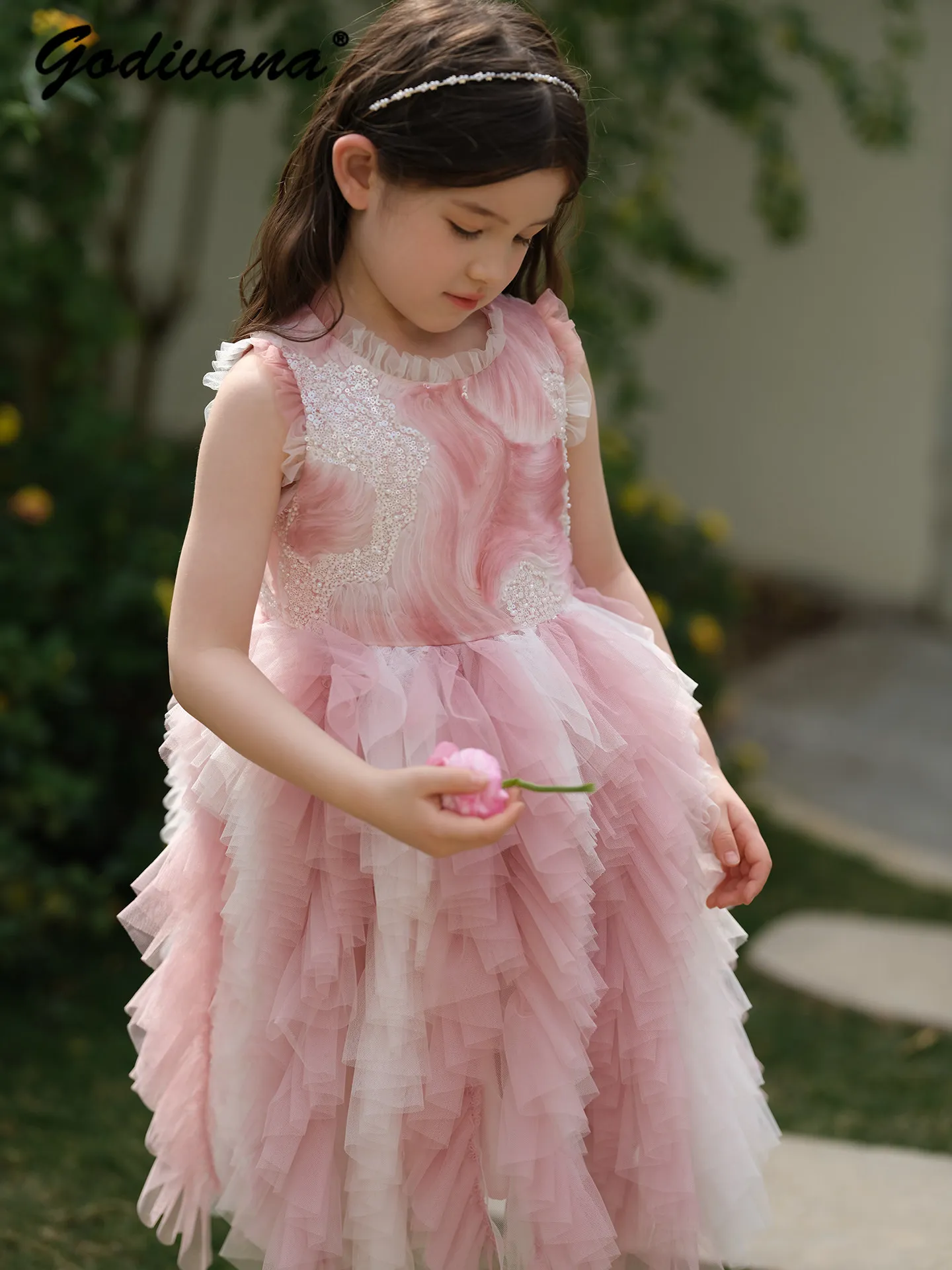 Sweet Baby Girls Elegant Sequin Smudge Mesh Princess Dress Kids High End Premium Pink and White Color Block Layered Cake Dress