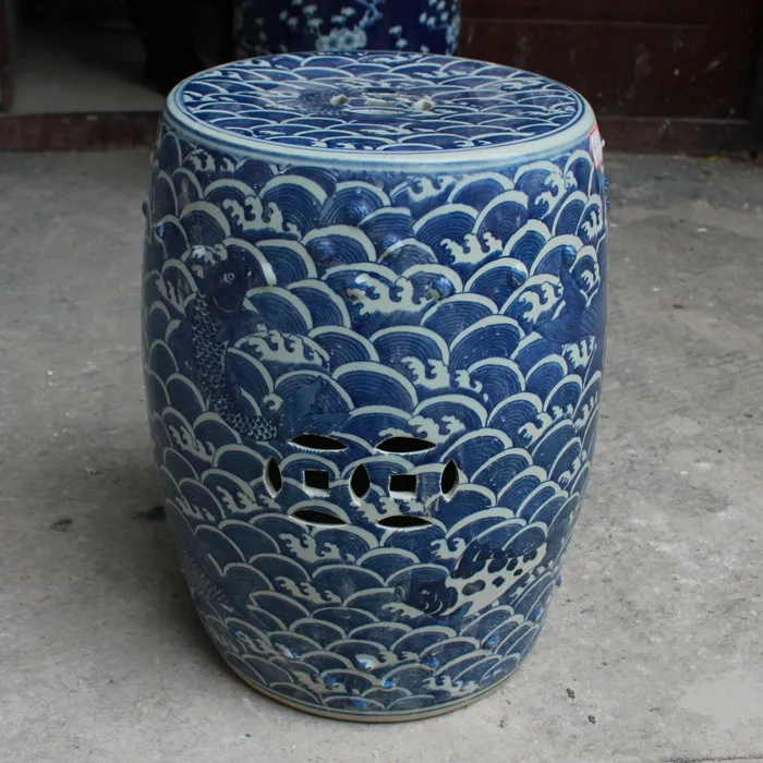 Hand-painted antique blue and white sea fish Circular stool outdoor bathroom balcony stool