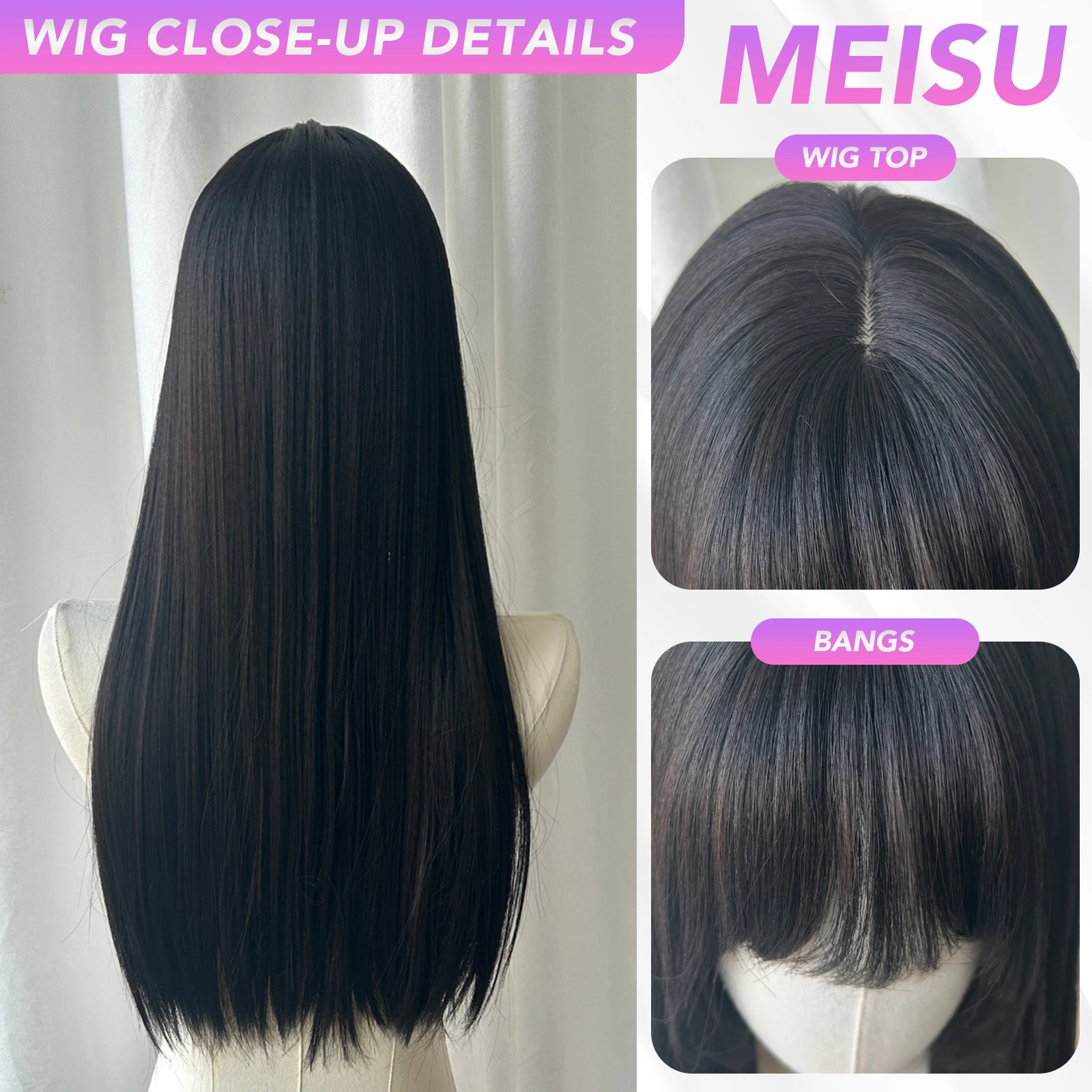 MEISU 24 بوصة أسود مستقيم شعر مستعار اصطناعي مقاوم للحرارة شعر طبيعي ناعم أنيق شعر مستعار للحفلات للنساء