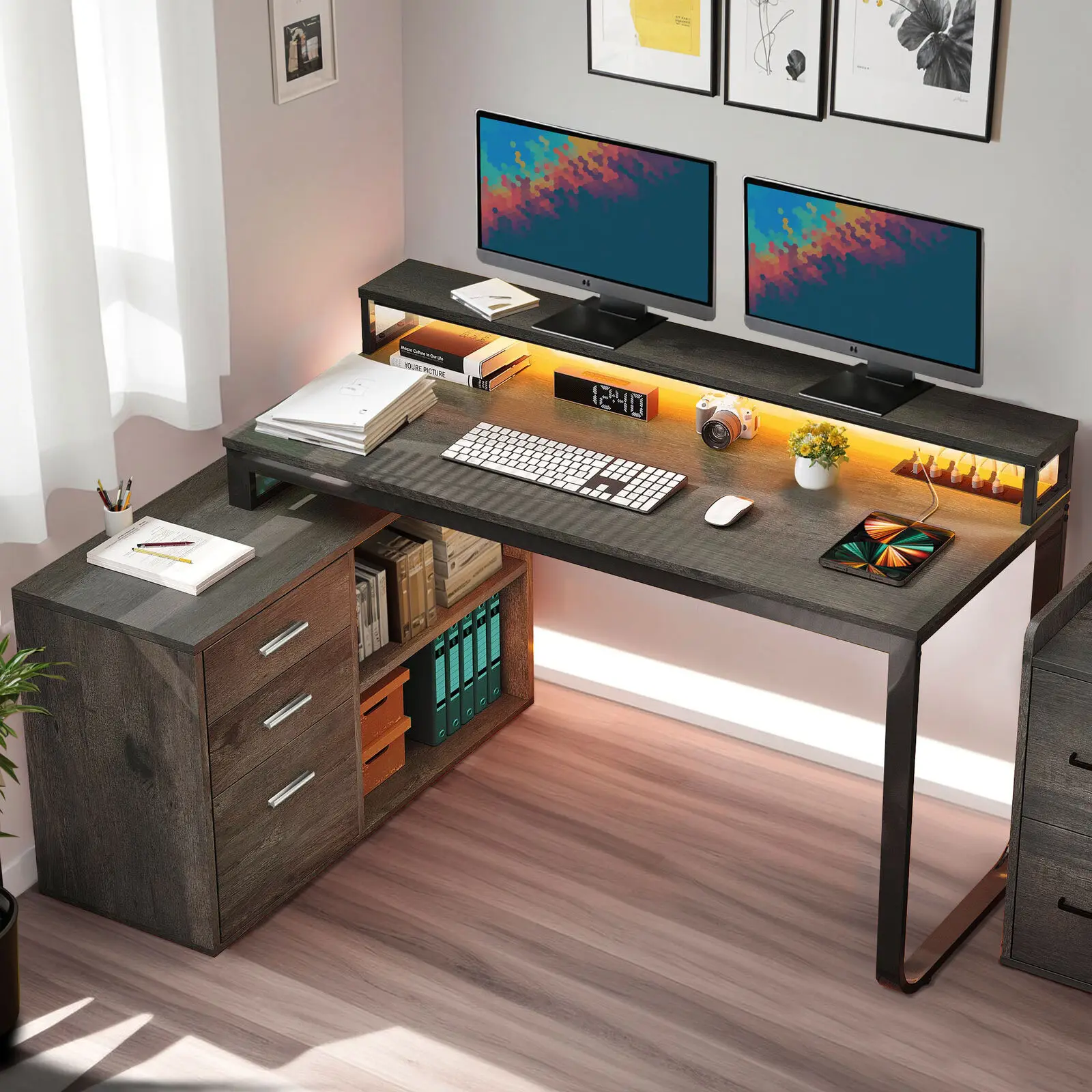 

L Shaped Office Computer Desk Drawers Shelves LED Lights w/ Power Outlet