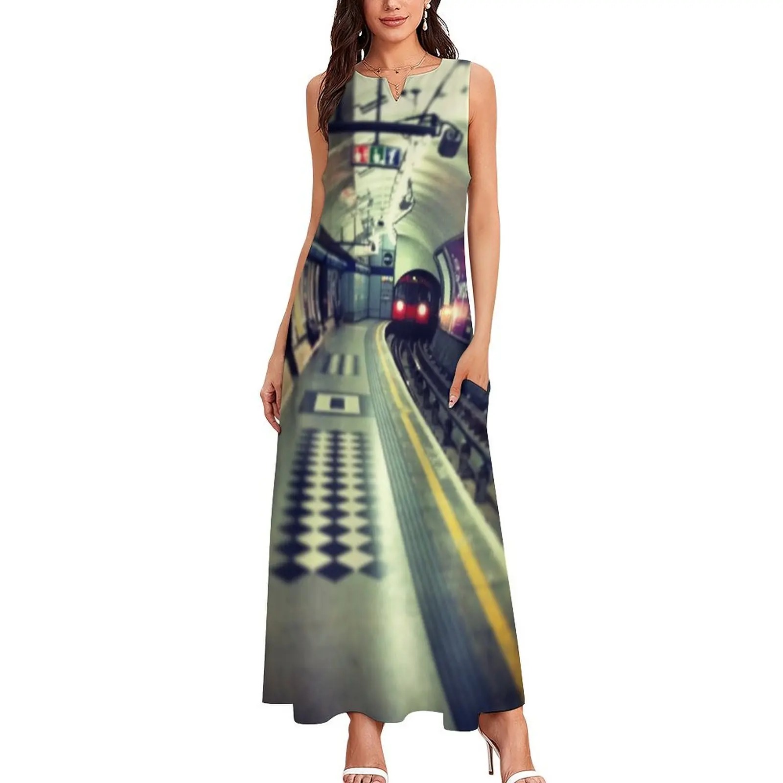 London underground - Train coming! train lights on rails Long Dress Aesthetic clothing dress