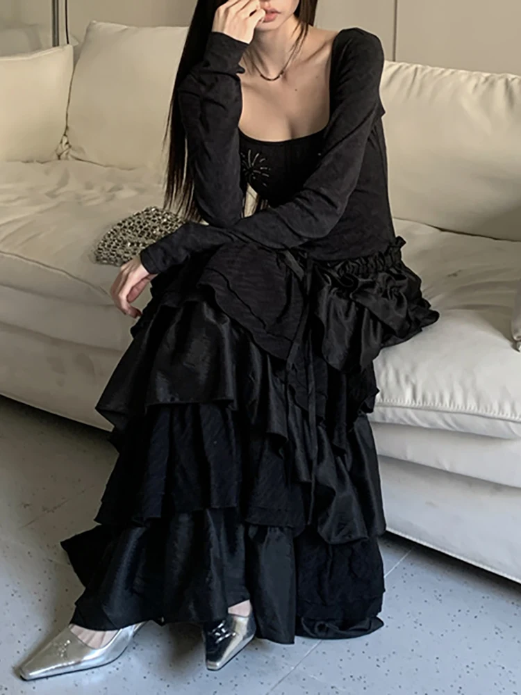 Roriri retro ponto em camadas plissado bolo vestido feminino diamante colher pescoço mangas compridas magro vestido longo coreano outono inverno roupas