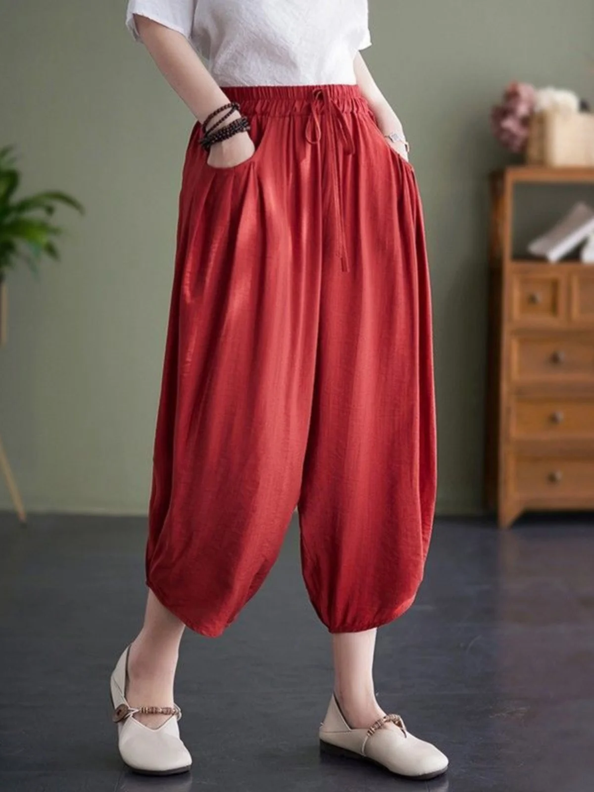 

New Elastic Waist Harlan Pants Linen Versatile Pants Hip Casual High Waist Cotton Blend E8956