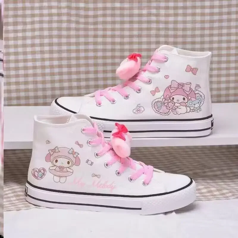 Anime Lolita High Top Cartoon Flats Canvas Shoes Kuromi  My Melody Print Casual Sneakers Cinnamoroll Couple Student Sneakers