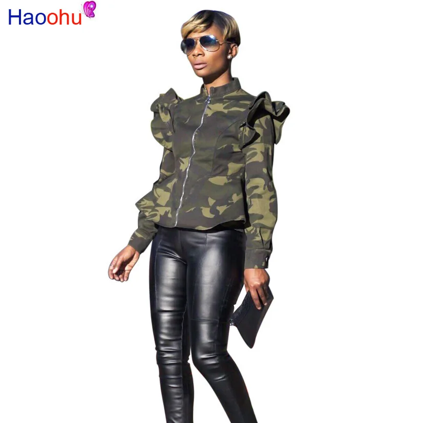 Plus Size Camouflage Jacket Women Clothes Spring Peplum Bomber Jacket Autumn Steetwear Long Sleeve Casual Camo Coats