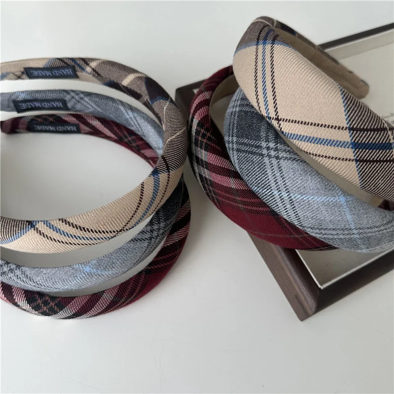 2/3CM Women Vintage Plaid Fabric Headband Girls Sponge Padded Hairband Retro Lattice Head Hoop Accessories