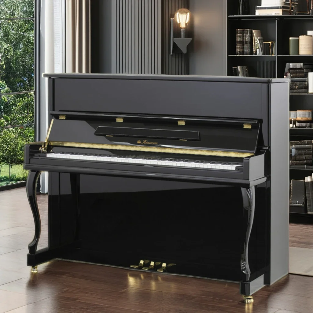 Small Black Gloss Veneer Art Deco Upright Piano With Piano Chair