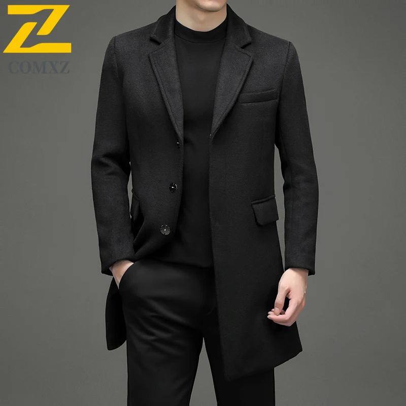 COMXZ 2025 الشتاء الصوف خندق معطف الرجال الرجعية سميكة معطف من قماش الكشمير الكورية الشارع رجل الملابس خفيفة الفاخرة الصوف يمزج معطف
