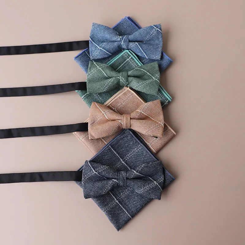 코튼 솔리드 비즈니스 Bowtie 남자 빈티지 보라색 새겨진 그리드 참신 넥타이 블랙 웨딩 나비 넥타이 포켓 스퀘어 손수건 세트