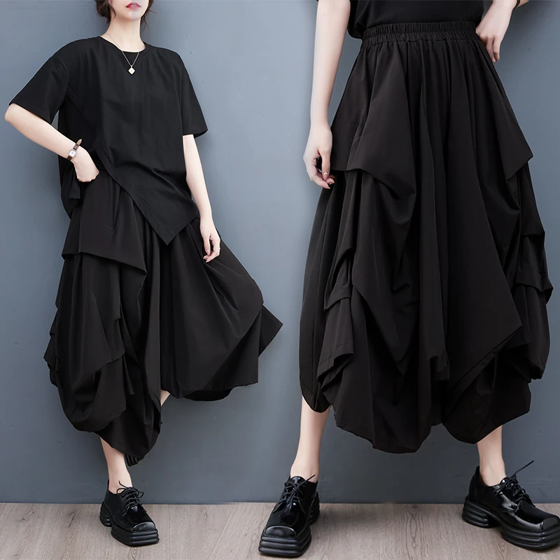 

Черные широкие брюки-палаццо на весну-лето, новый стиль, с эластичным поясом, плиссированные, повседневные, модные, универсальные, укороченные шорты