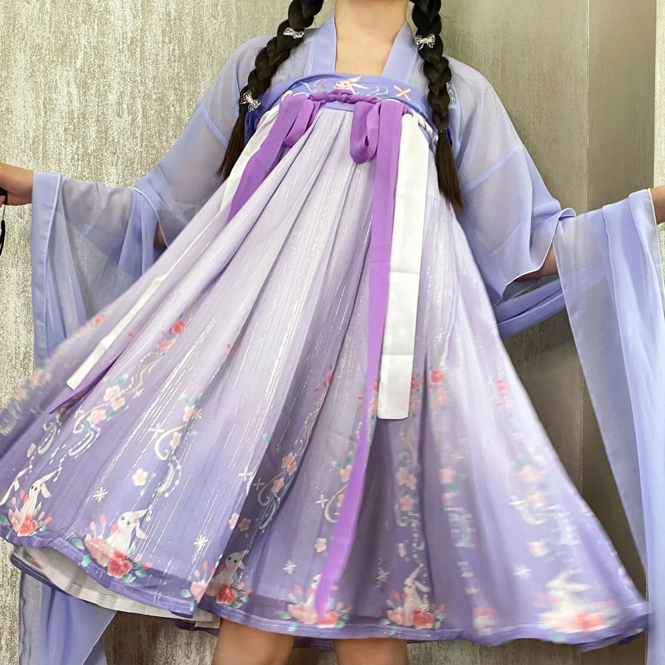 Женский костюм Лолиты Hanfu с вышивкой кролика, красного цвета, с длинным рукавом и оборками, симпатичное хлопковое стильное платье, летнее платье с градиентным цветом