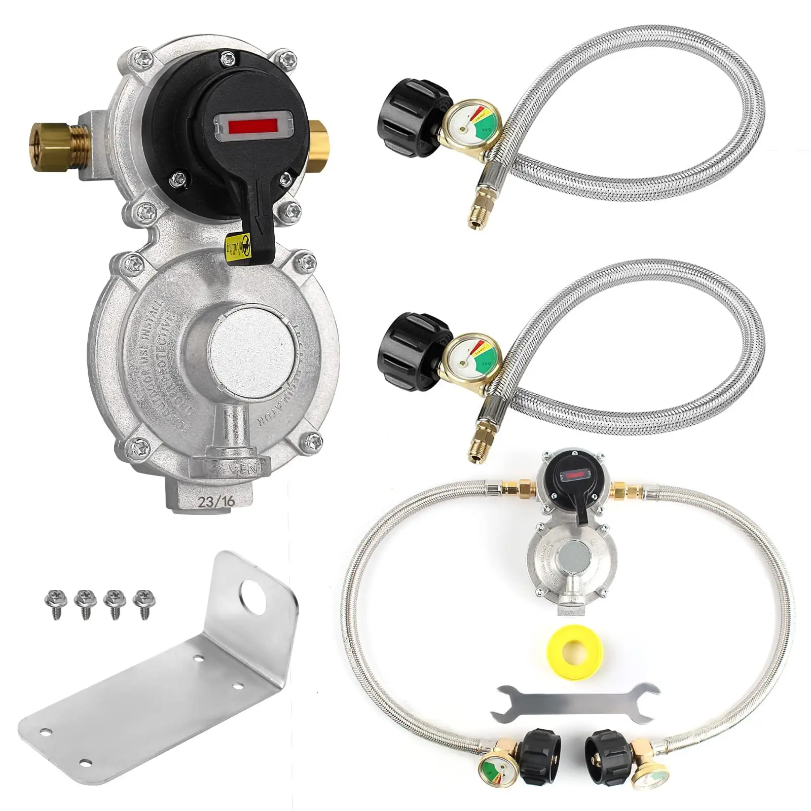 Régulateur de gaz propane LP à commutation automatique 2 étapes avec tuyaux de raccordement de 18 pouces, manomètre, tressage en acier inoxydable, raccord QCC1 1/4 " mâle inversé