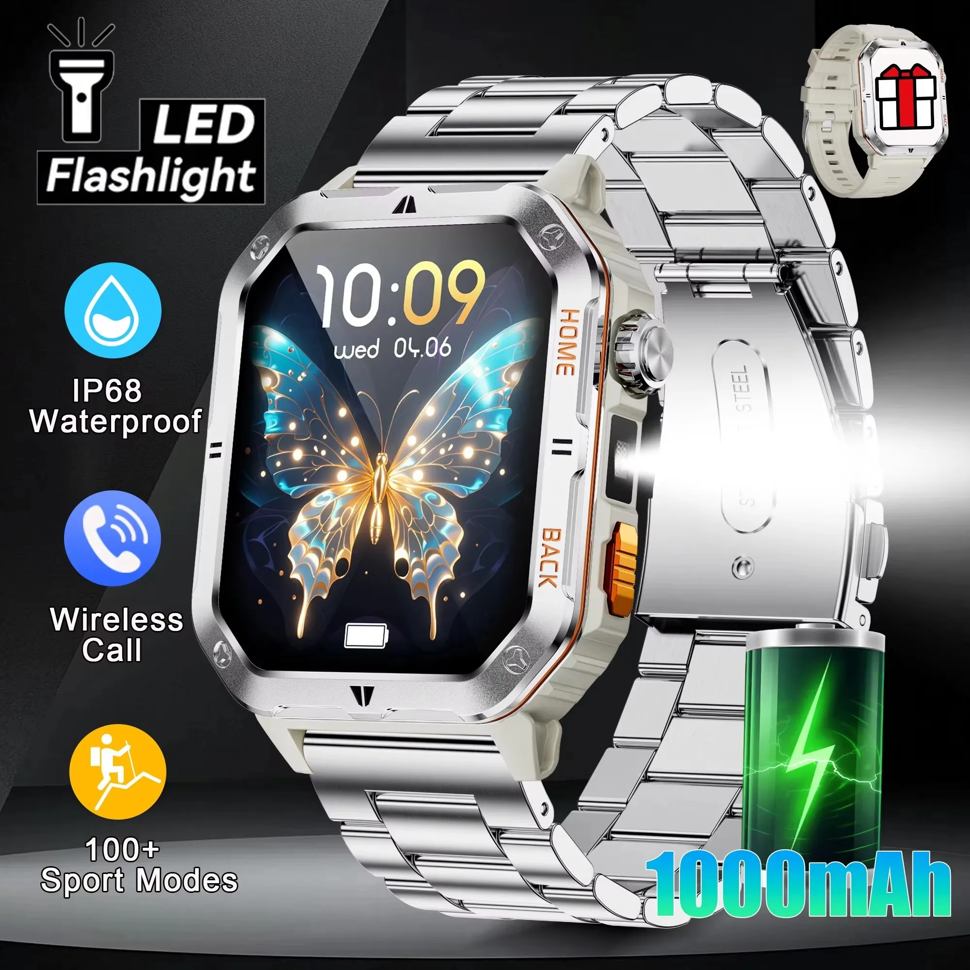 

1000mAh Battery LED Flashlight Smart Watch Men 100+Sports Modes Health Monitor Man Bluetooth Call Men Smartwatch For Android ios