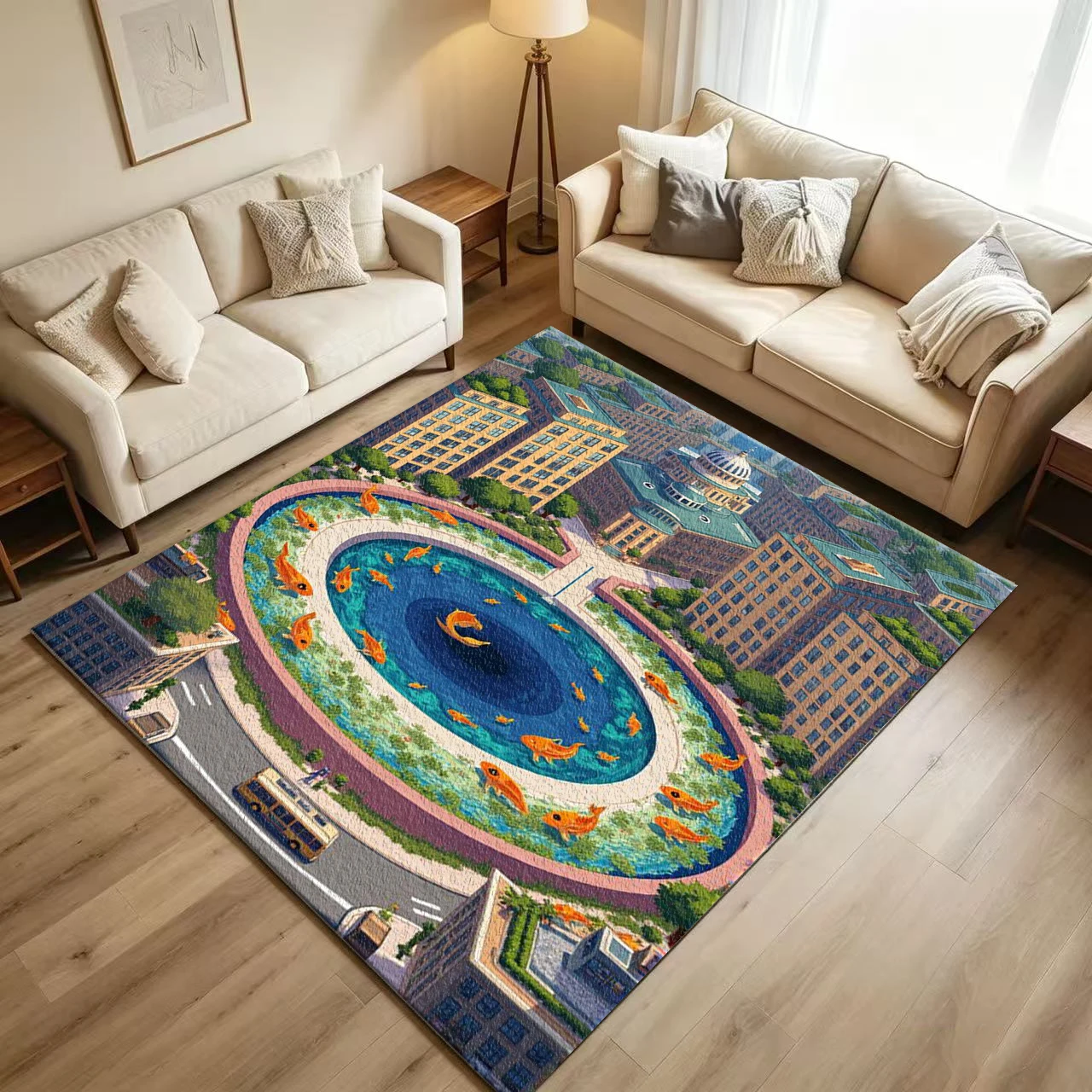 Anime Urban Koi Fish Pond Carpet Flooring Cartoon City Building Circular Goldfish Pool Scenery Printed Floor Rug for Household Indoor Vibrant Home Decor
