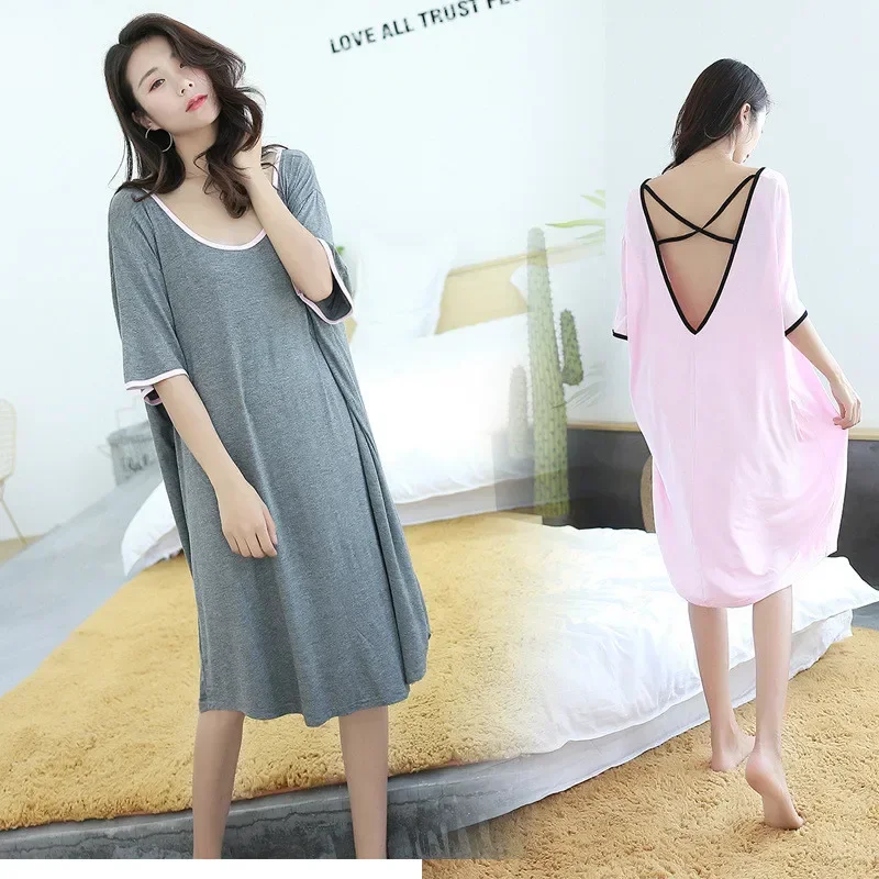 Female Underwear Women Modal Nightwear Loose Nightgowns Cotton Summer Short Sleeve Backless Sexy Sleepshirt Plus Size 2xl 3xl