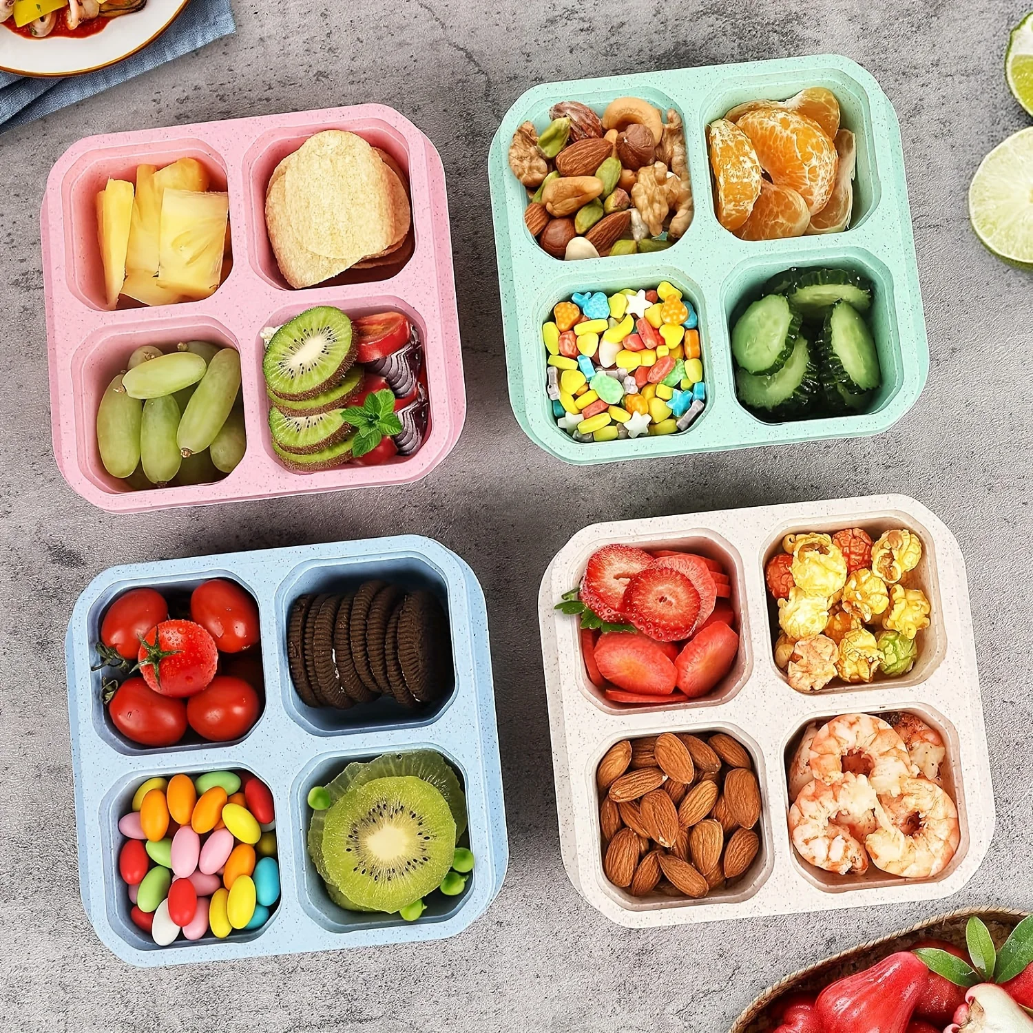 3pcs Bento Snack Boxes with Lid 4-Compartment Reusable No BPA Lunch Box Durable Meal Prep Containers for School Work Travel