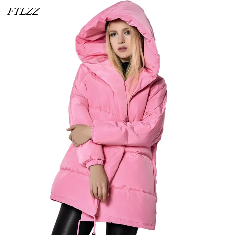 FTLZZ Winter Women Jackets 90% White Duck Down Parkas Loose Hooded Coats Medium Long Warm Casual Pink Snow Outwear