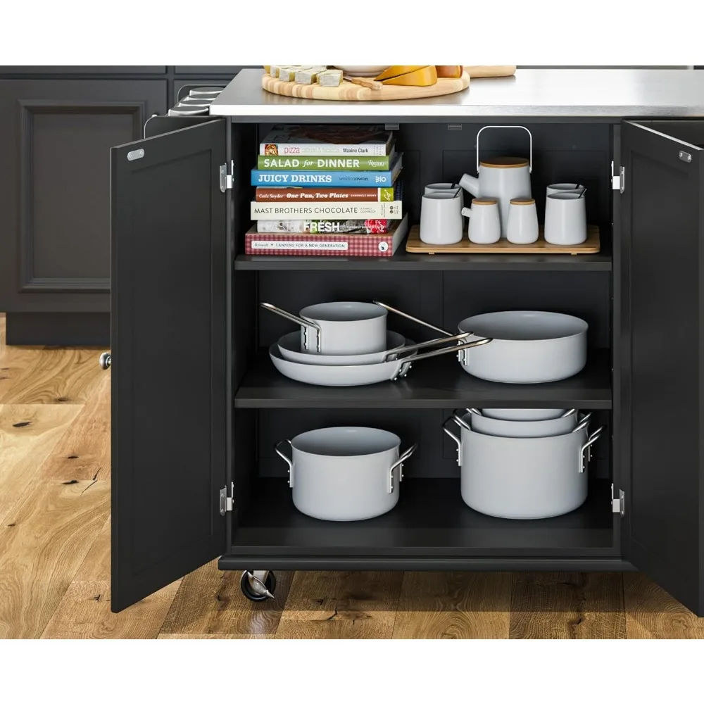 Kitchen Cart with Stainless Steel Metal Top, Rolling Mobile Kitchen Island with Storage and Towel Rack, 54 Inch Width, Black