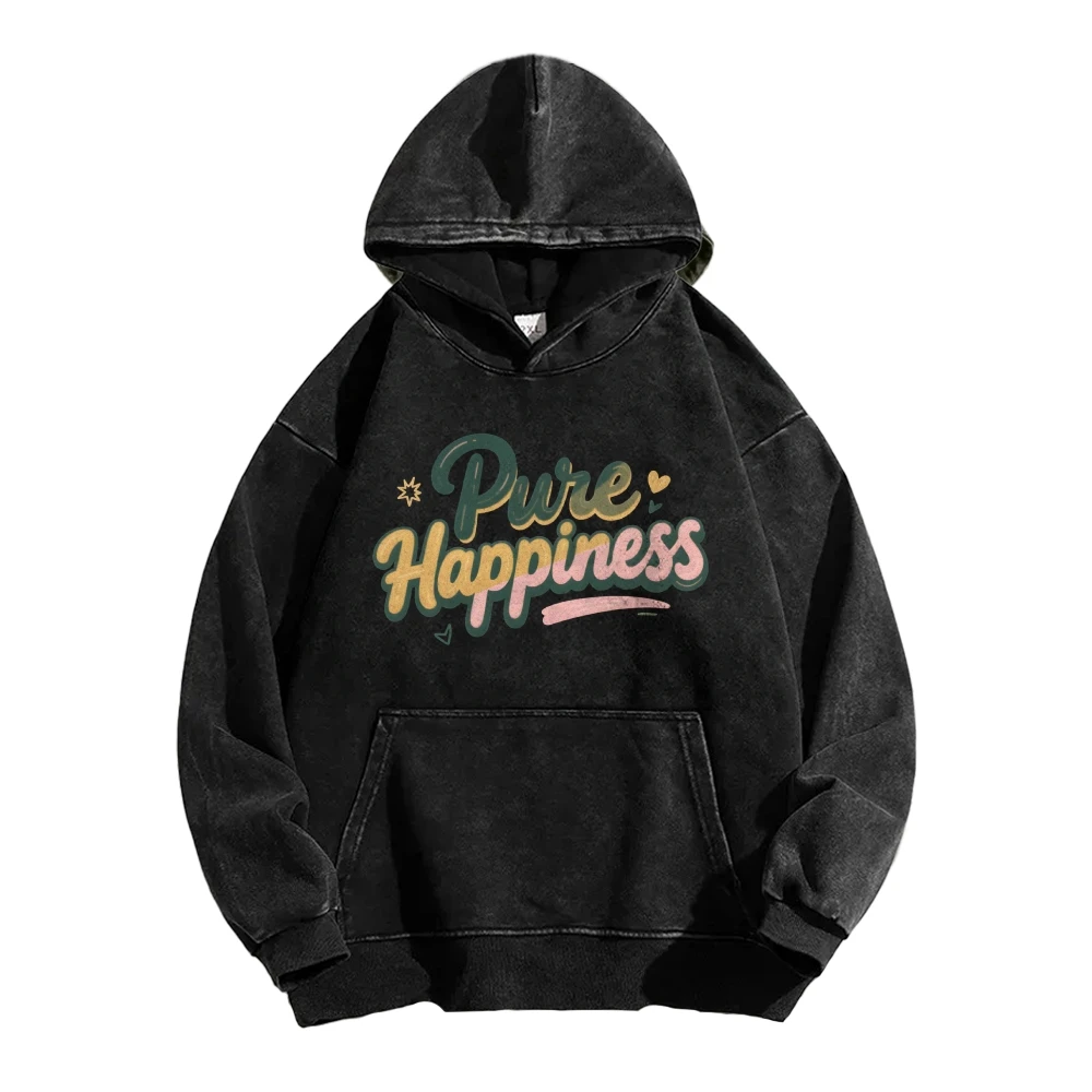 Pure Hppiness Casual Washed Hoodie Casual Sweatshirt Graphic Fashionable Cotton Comfortable Soft Breathable Cartoon Letter