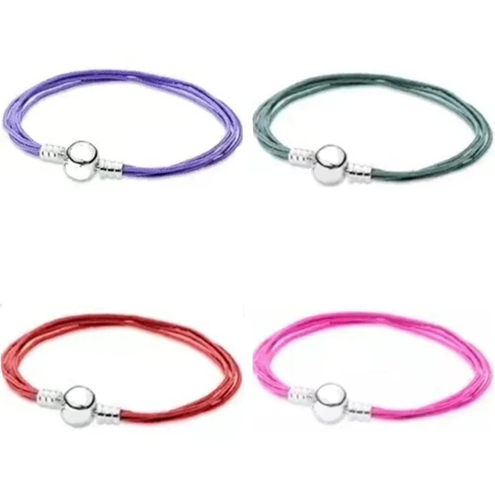 

2021 NEW 100% 925 Sterling Silver Charming Multicolor Leather Rope Bracelet Fit DIY Europe Women Original Fashion Jewelry Gift