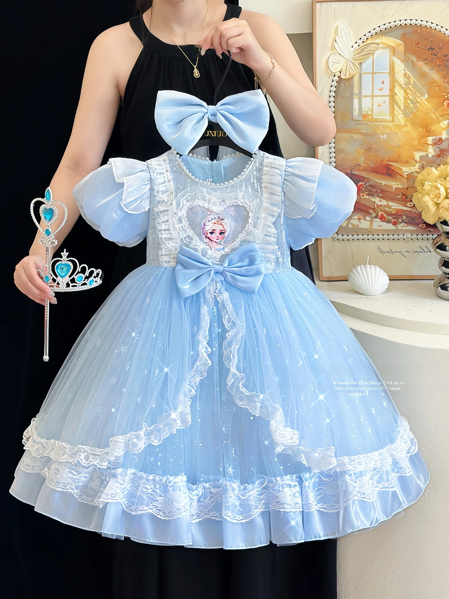 elsa-princess-skirt-for-girls-summer-birthday-gift-dress-blue-tulle-skirt-medium-waist-short-sleeve-medium-thickness-cartoon