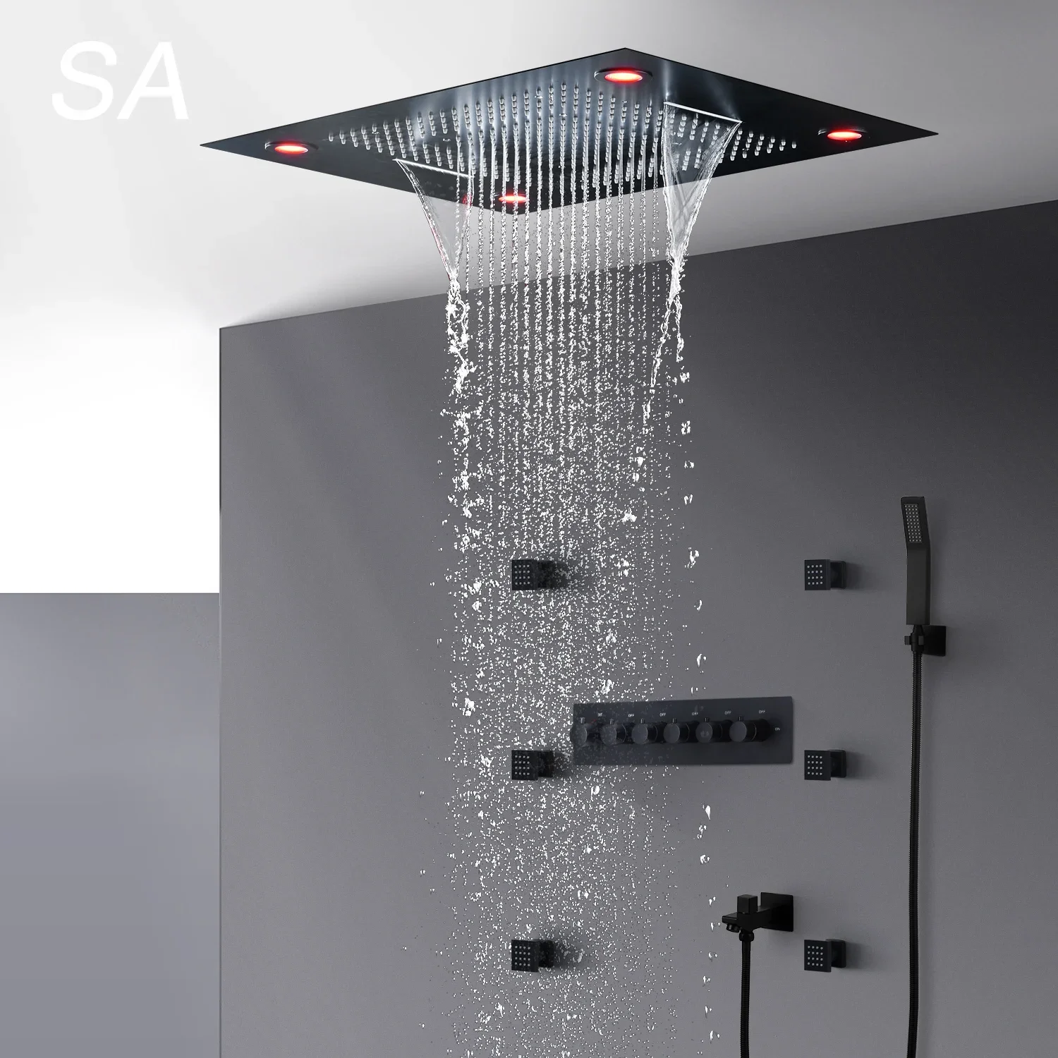 Cabezal de ducha LED de lluvia de techo negro mate de lujo, 20 pulgadas, Spa, niebla, válvula termostática de 3 vías