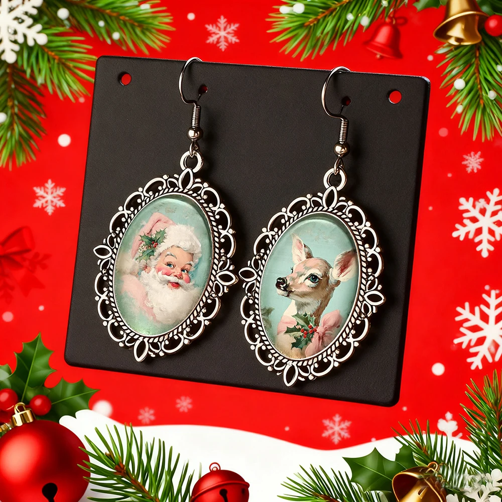 Weihnachtsschmuck, Weihnachtsmann, Elch, Schneemann, Ohrringe, silberfarben, ovale Glas-Ohrringe für Frauen und Mädchen