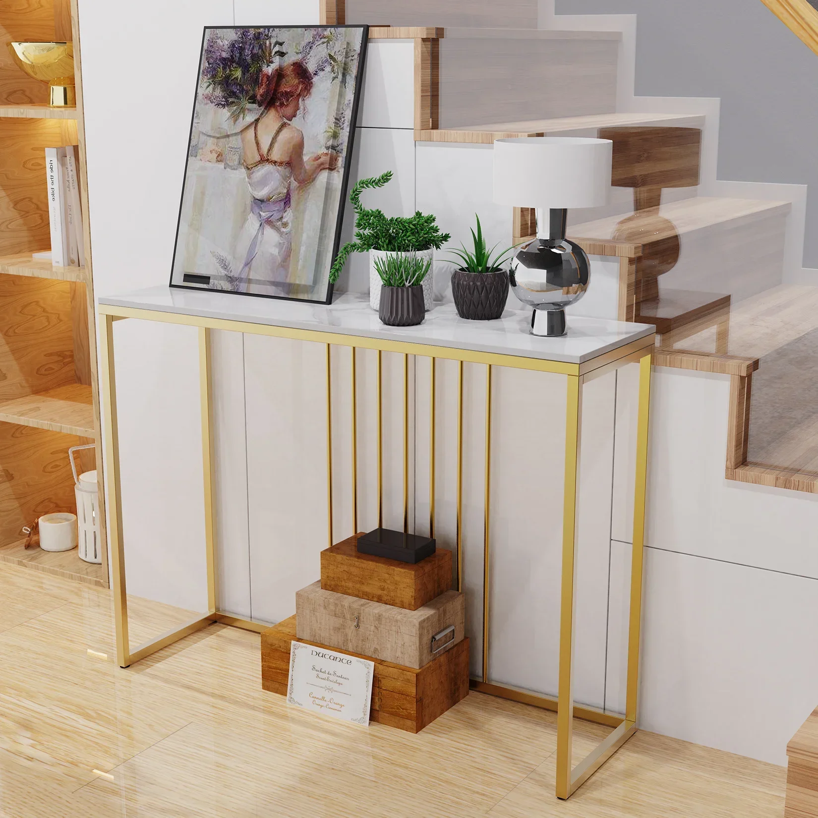 

z Modern Accent Console Marble Table Gold Metal Frame Storage Display Shelf Narrow Table for Hallway Entryway Living Room Entra