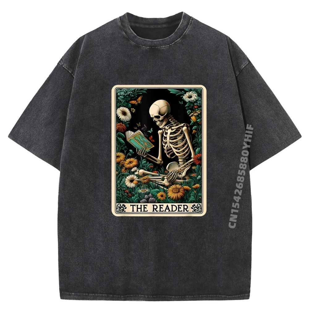 

The Reader Skeleton Book Lover Tarot Card Reading Readers Designer T Shirt High Quality Men's Washed T-Shirt Graphic Tees