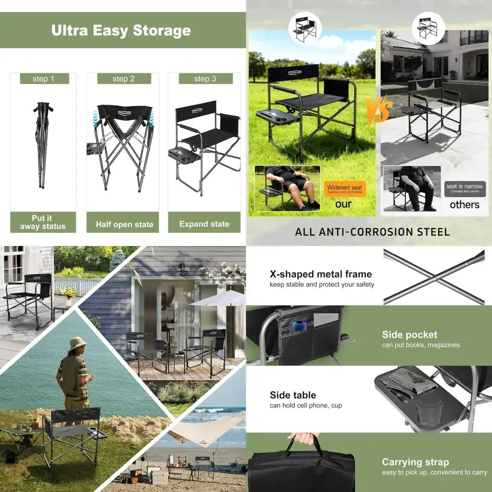 

Lightweight Portable Oversized Folding Chair with Side Table and Storage Pockets for Outdoor Camping, Lawn, Picnic, and Fishing,